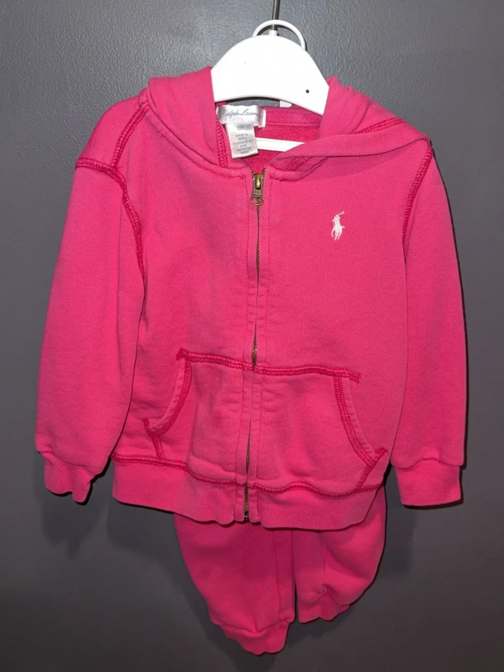 Ralph Lauren Hot Pink Hoodie & Jogger Set for Baby Girl Toddler 18M Zip Up
